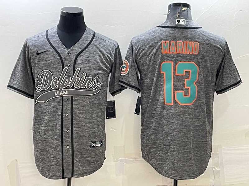 Mens Miami Dolphins #13 Dan Marino Grey Gridiron With Patch Cool Base Stitched Baseball Jersey